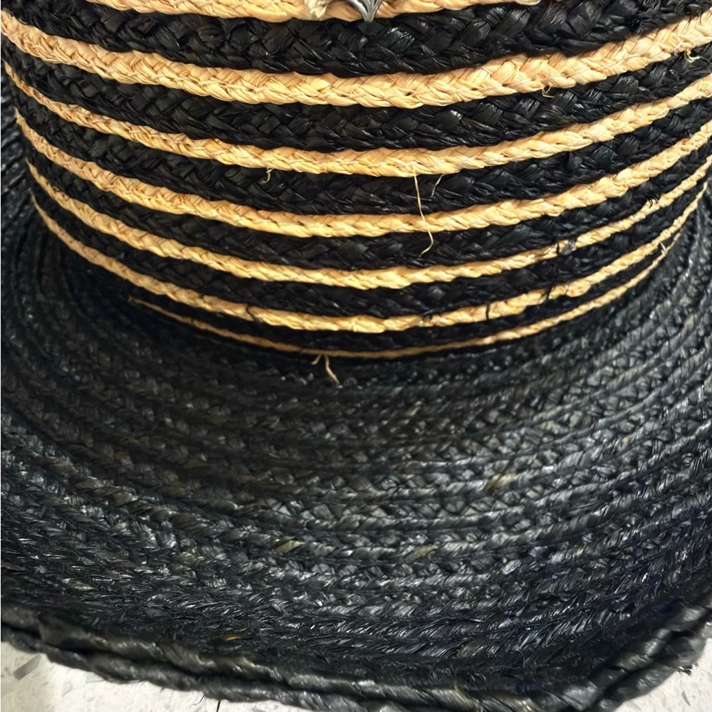 Kate Lord Womens Striped Straw Sun Hat Black Tan Beach‎ Golf Summer M/L